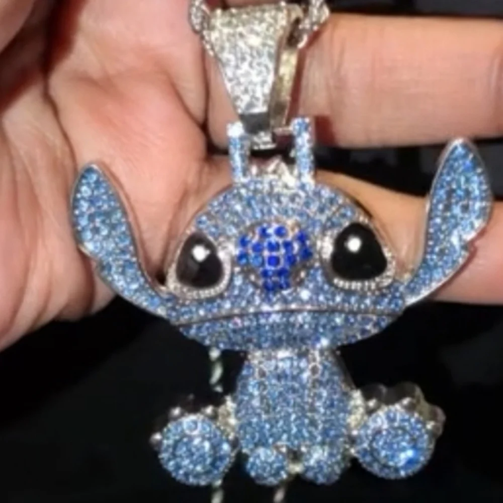 Stitch Character Rhinestone Pendant On Silver Tone Hip Hop Necklace 24